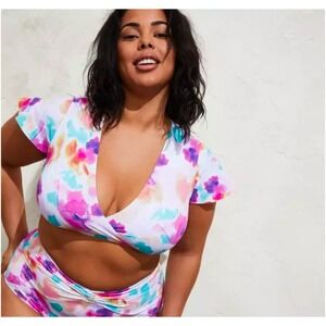 Torrid Floral Print Bikini Top Surplice V-Neck Flutter Sleeve Plus Size 2 A1‎